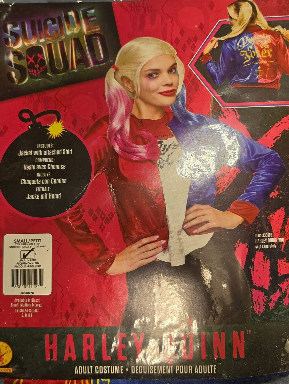 Harley Quinn Adult Costume Jacket with Attached Shirt Red & Blue Size S
